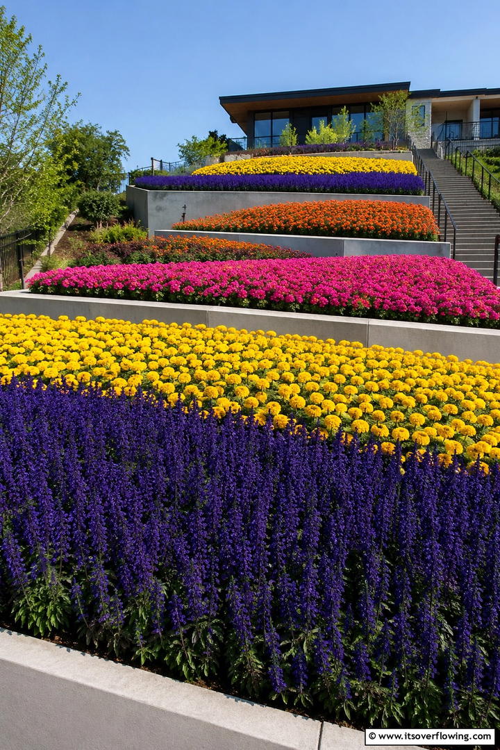 Color Block Tiered Garden Design - 30 Tiered Garden Ideas for Sloped Yards and Visual Interest