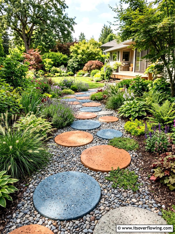 Colored Concrete Stepping Stone Layout - 25 small garden ideas with stepping stones