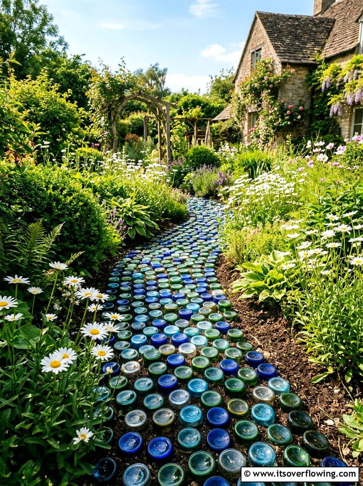 Colored Glass Bottle Path - 25 reusing old things ideas for garden pathways