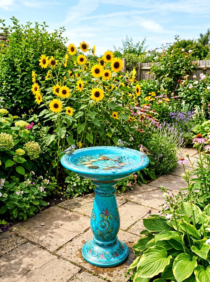 Colorful Ceramic Bird Bath - 25 backyard decorating ideas with bird baths