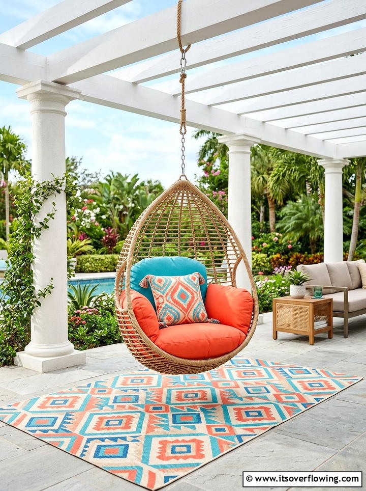 Colorful Cushion Hanging Chair - 25 front porch ideas with hanging chair