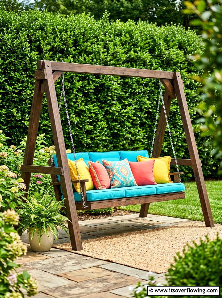 Colorful Cushions Garden Swing - 25 garden decor ideas with porch swings