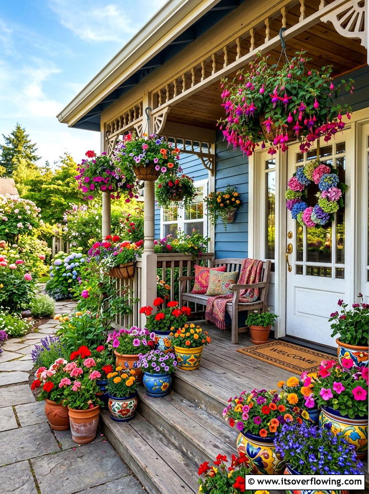 Colorful Flower Porch - 25 front porch decor ideas with hydrangea wreath