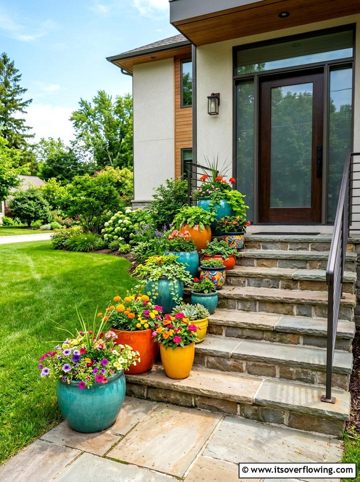 Colorful Flower Pots On Porch Steps - 25 front porch decor ideas with asymmetrical layout