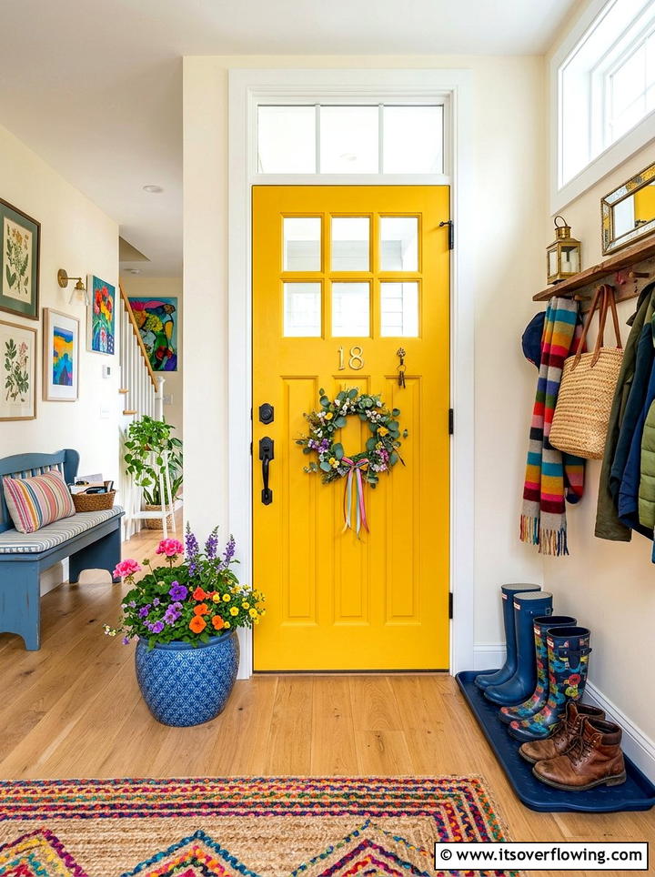 Colorful Front Door Setup - 25 front porch ideas with boot tray