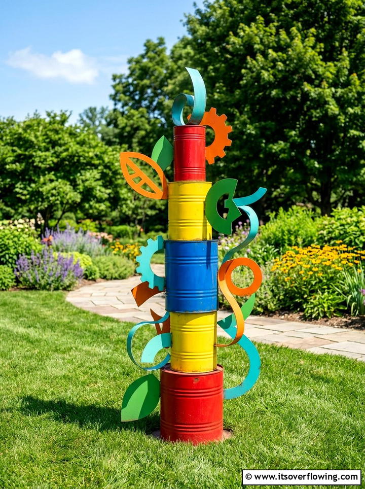 Colorful Garden Sculpture - 25 recycled garden ideas with tin cans