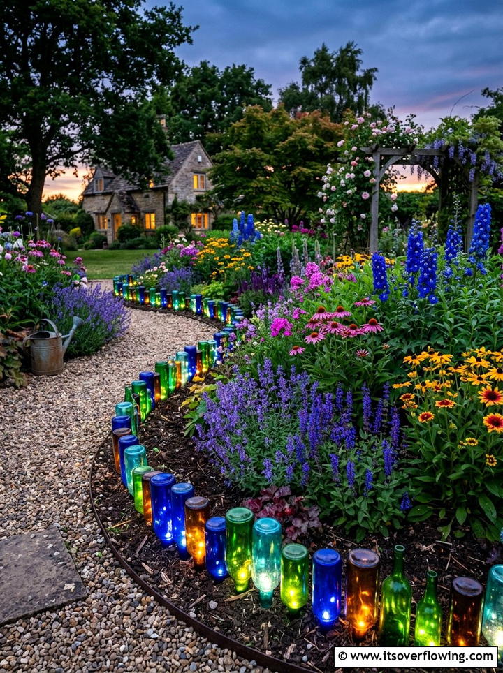 Colorful Glass Bottle Border - 25 garden ideas with bottle lights