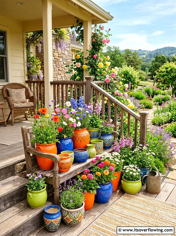 Colorful Glazed Pottery Mix - 25 front porch ideas with ceramic pots