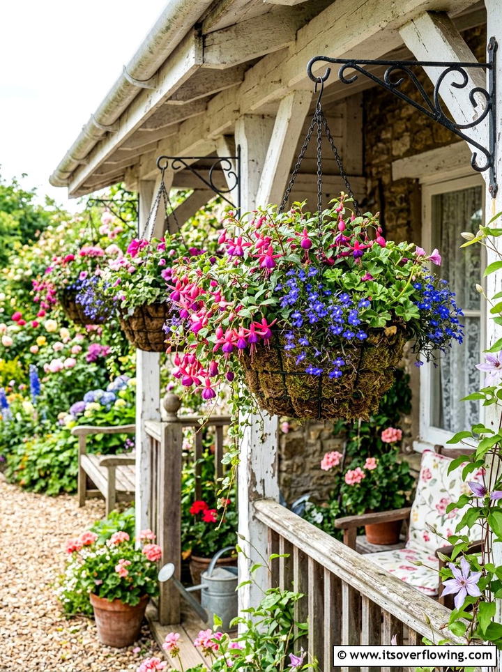 Colorful Hanging Flower Baskets - 25 creative garden ideas with cottage layering