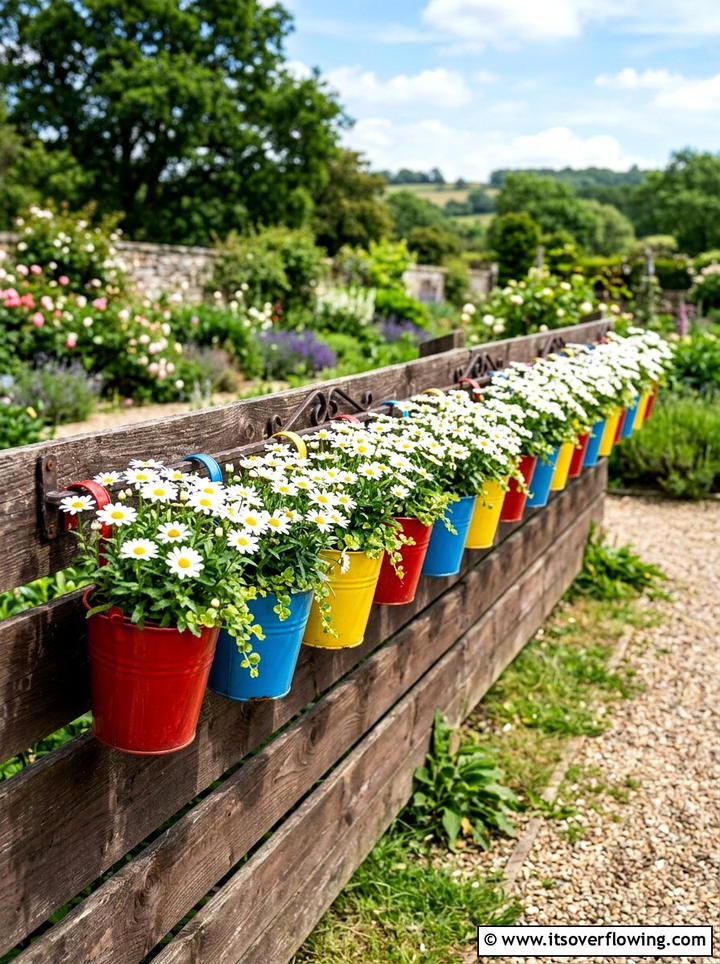 Colorful Metal Bucket Fence Planter - 25 recycled garden ideas with buckets