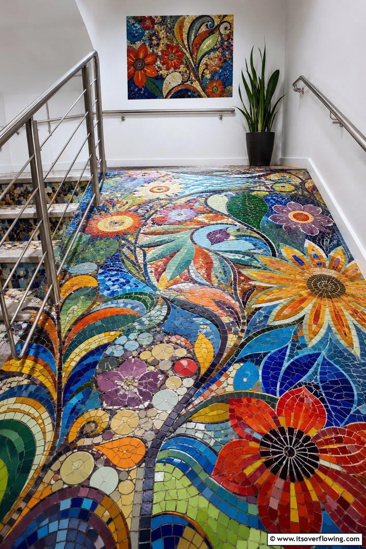 Colorful Mosaic Landing - 30 Stair Landing Ideas to Maximize Functional Spaces