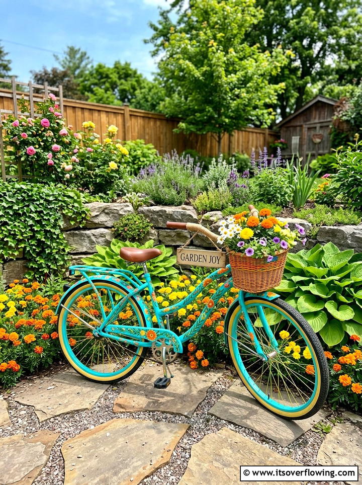 Colorful Painted Garden Bike - 25 upcycled garden ideas with old bicycles