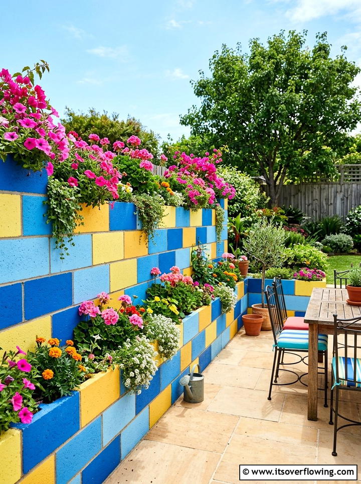 Colorful Painted Planter Wall - 25 cheap garden ideas with cinder blocks