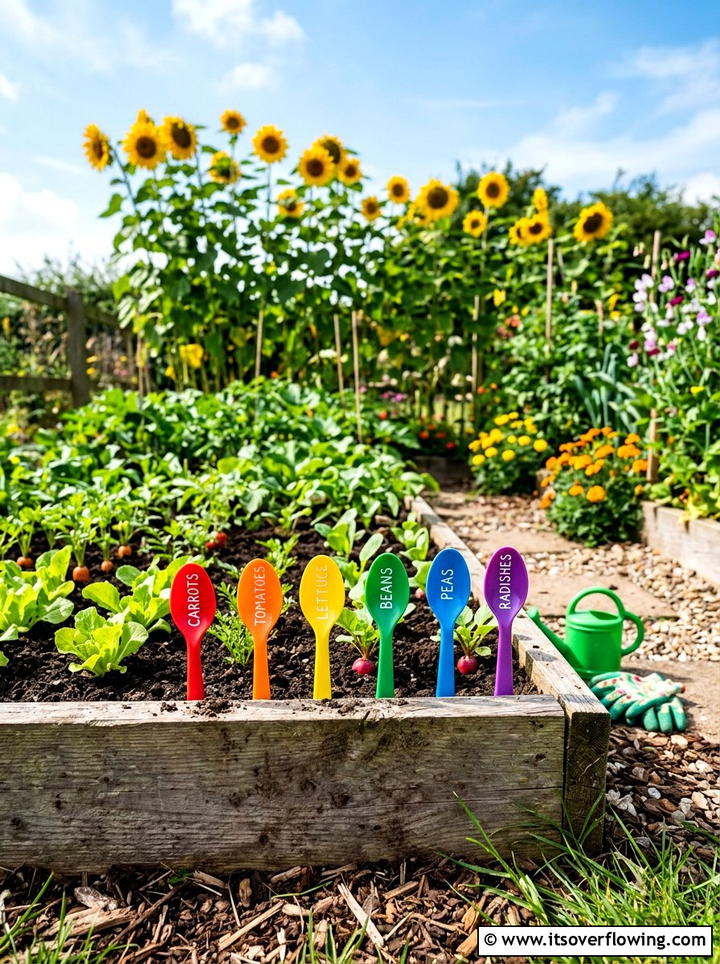 Colorful Plastic Spoons - 25 recycled garden ideas with garden markers