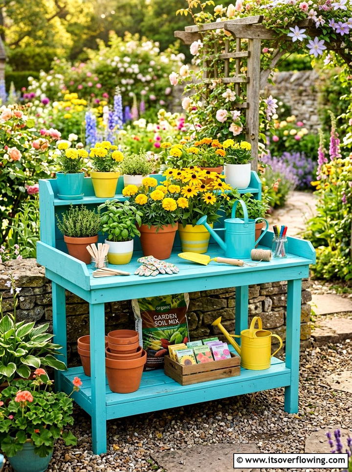 Colorful Potting Table - 25 garden ideas with potting bench