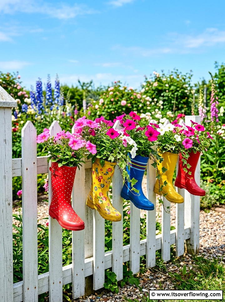 Colorful Rain Boot Fence - 25 creative garden ideas with shoe planter wall