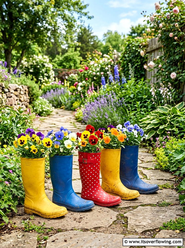 Colorful Rain Boot Planter - 25 upcycled garden ideas for front yards