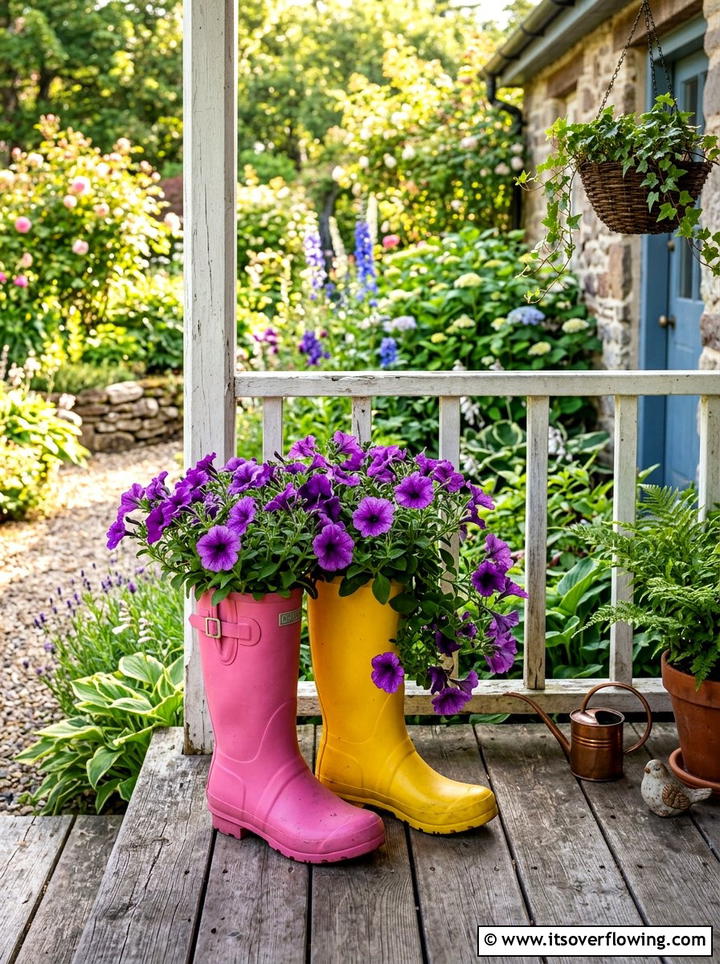 Colorful Rain Boot Planter - 25 upcycled garden ideas with old boots