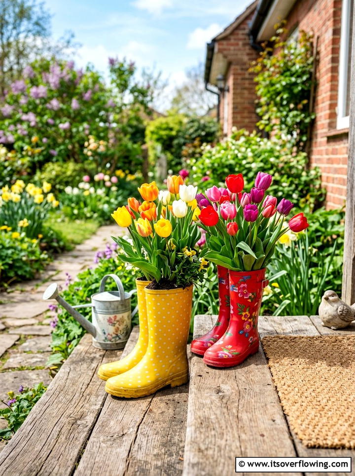 Colorful Rain Boot Planter - 25 reusing old things ideas for seasonal garden decor