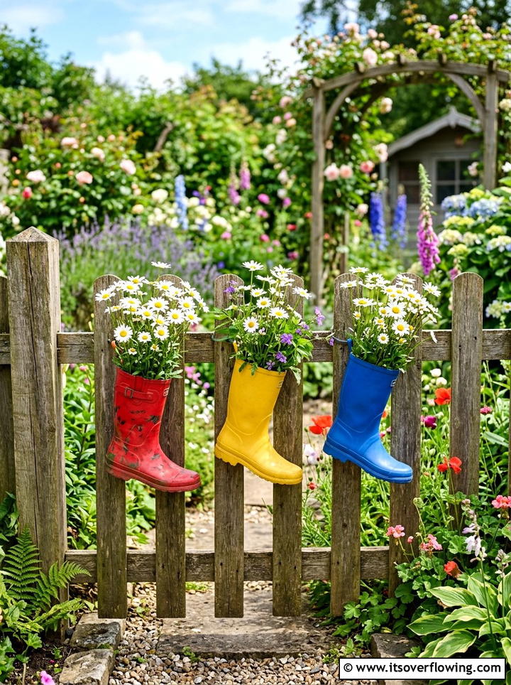 Colorful Rain Boots Planters - 25 garden ideas with fence decor