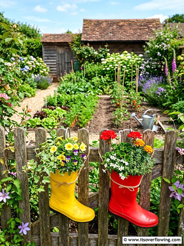Colorful Rain Boots Planters - 25 garden decor ideas with fence decorations
