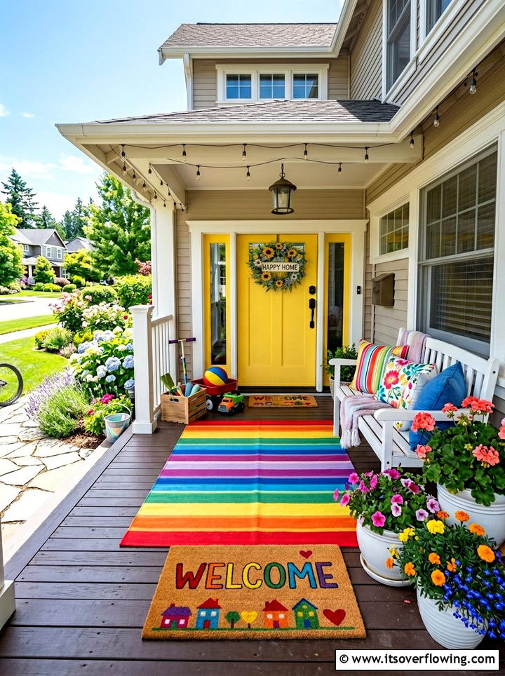 Colorful Rainbow Porch Rug - 25 front porch ideas with layered doormats