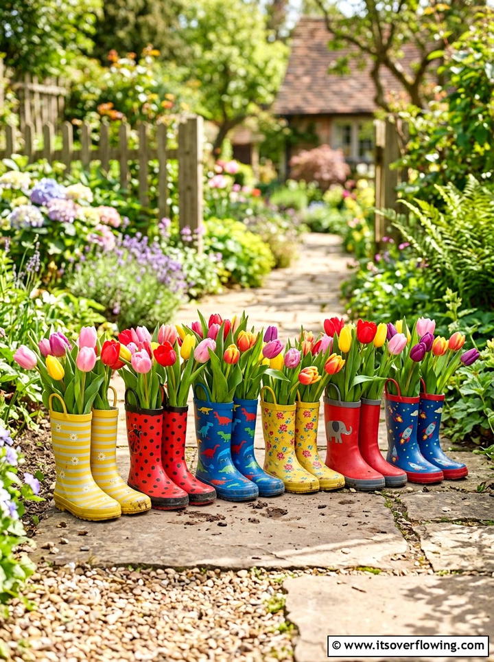 Colorful Rubber Rain Boot - 25 reusing old things ideas for garden planters