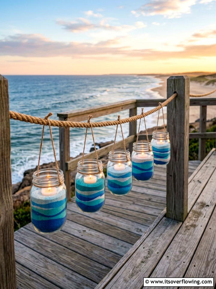 Colorful Sand Jar Tea Lights - 25 garden decor ideas with hanging jars