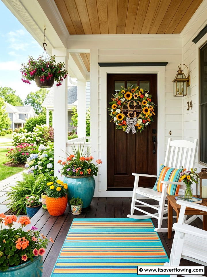 Colorful Summer Front Porch - 25 front porch decor ideas with monogram wreath