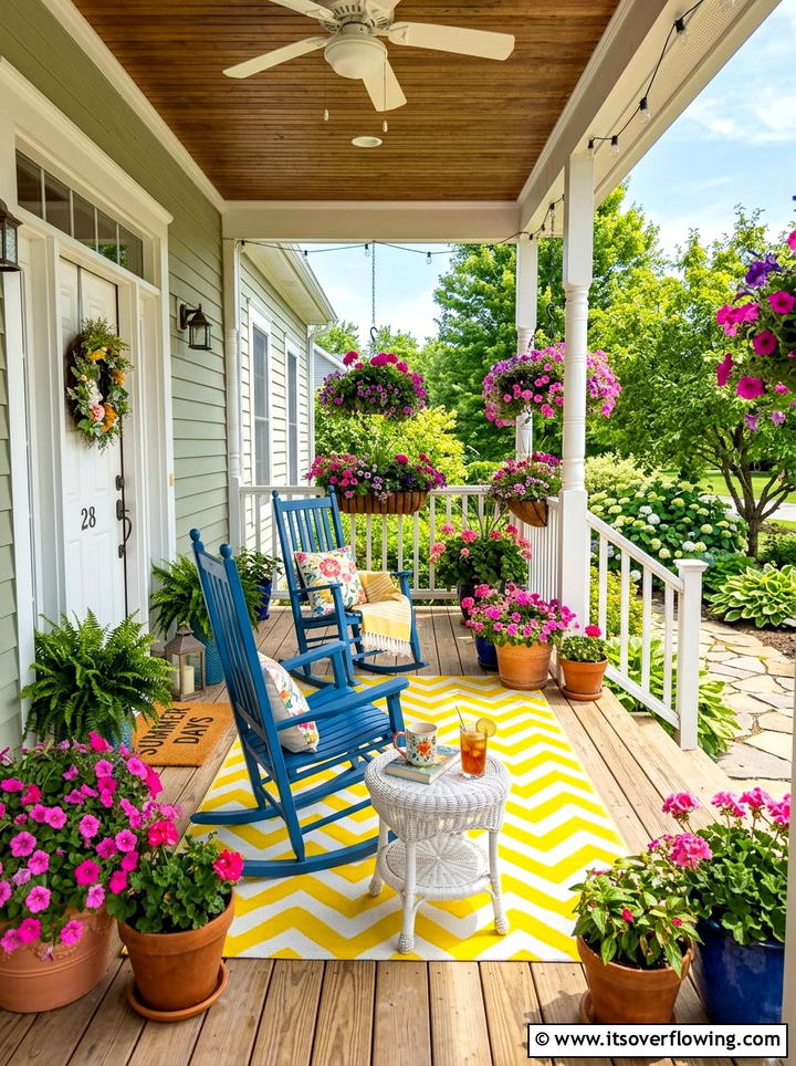 Colorful Summer Porch - 25 backyard decorating ideas with outdoor rugs
