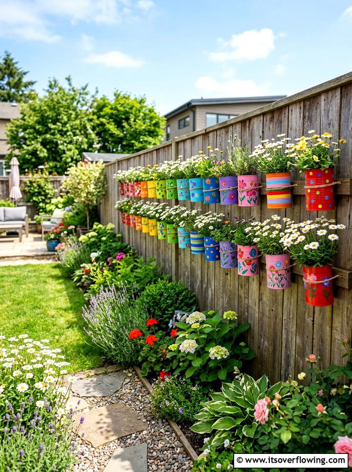 Colorful Tin Can - 25 reusing old things ideas for fence decor