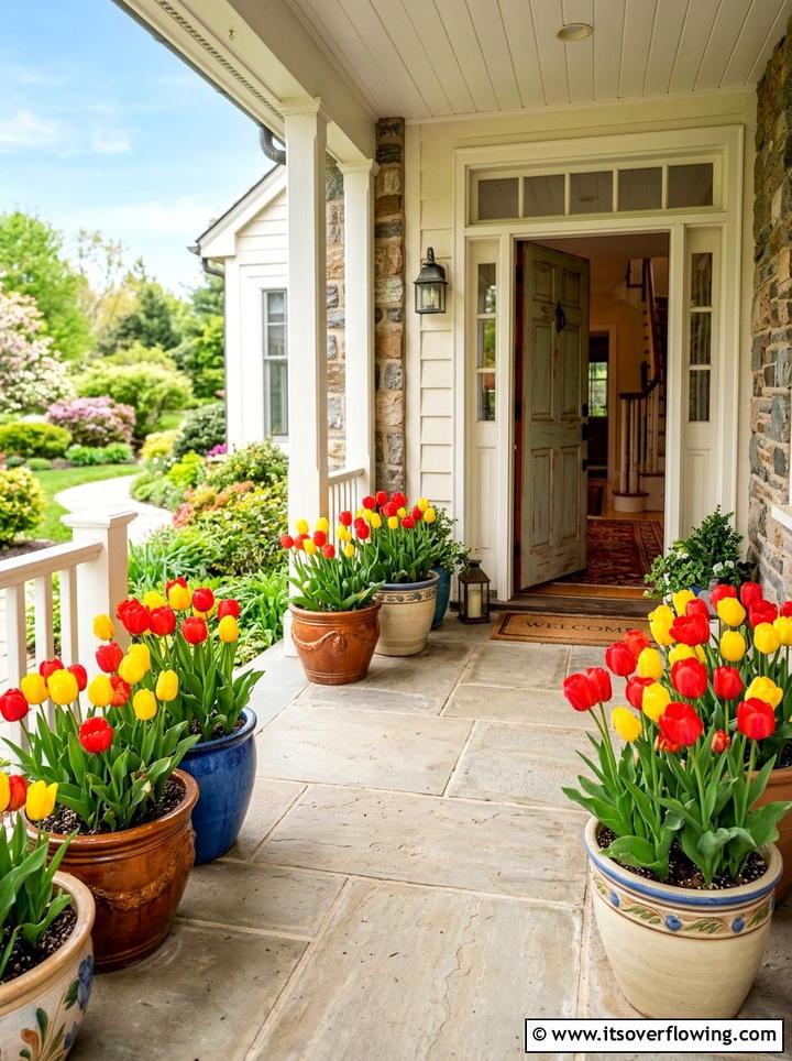 Colorful Tulip Flower Pot - 25 front porch decor ideas for easter