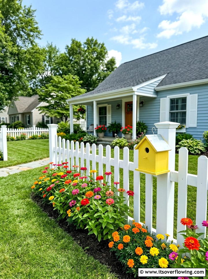 Colorful birdhouse on picket fence - 25 garden decor ideas with birdhouses
