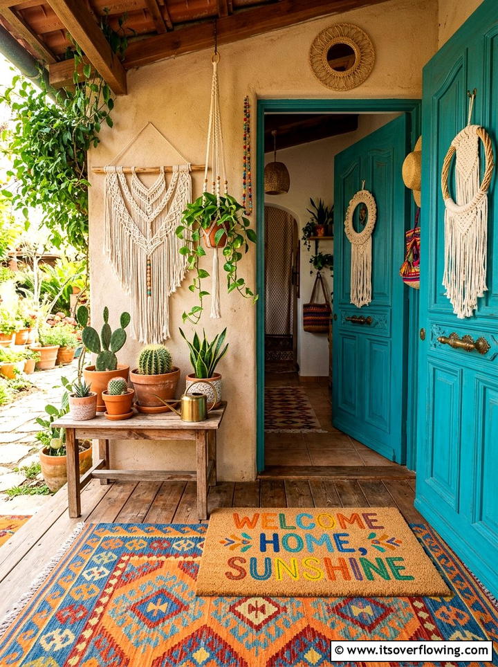 Colorful boho entryway - 25 front porch ideas with personalized mat