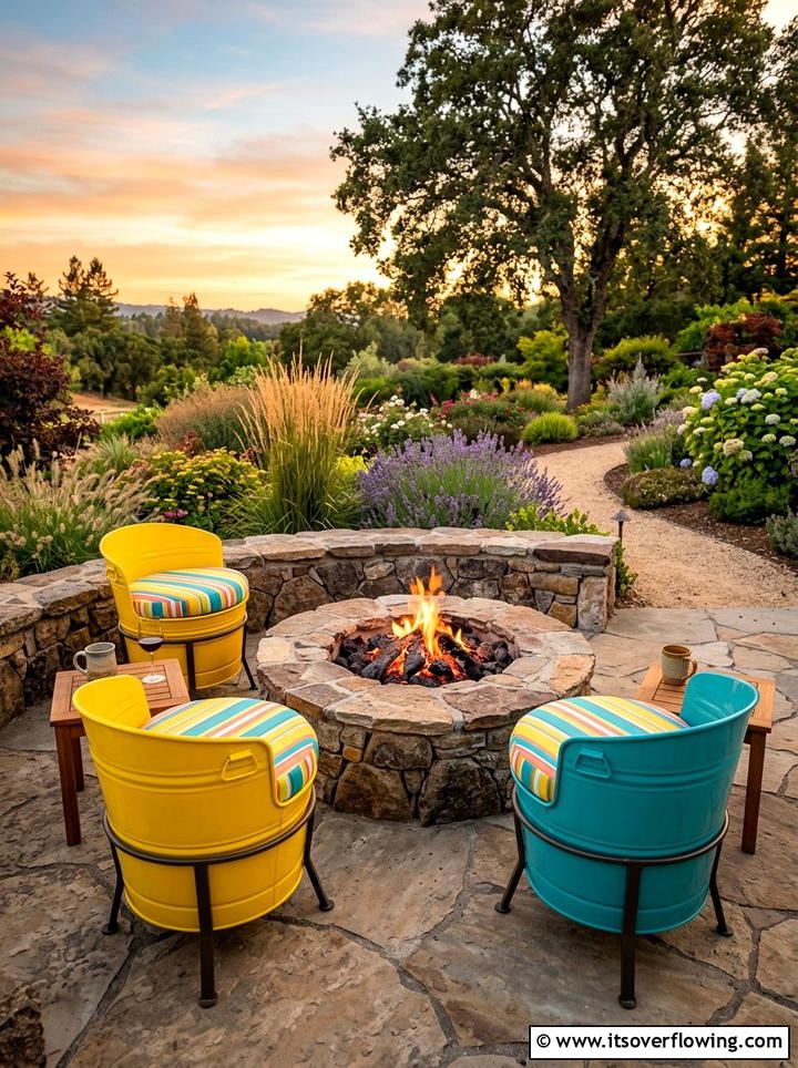 Colorful bucket patio seating - 25 upcycled garden ideas with old buckets