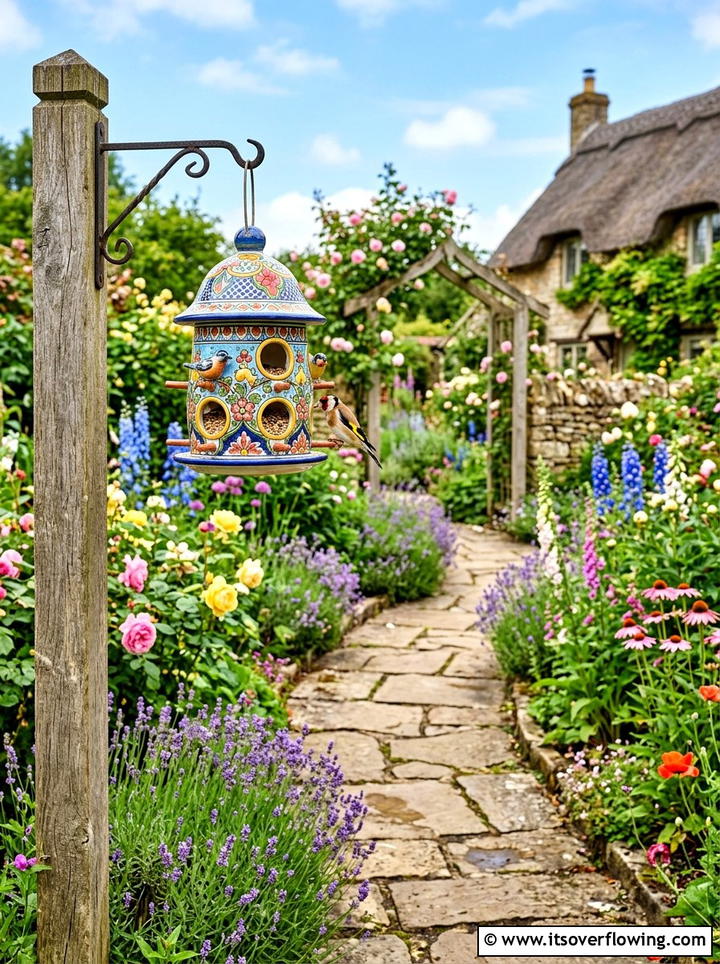 Colorful ceramic bird feeder near garden path - 25 garden ideas with bird feeders