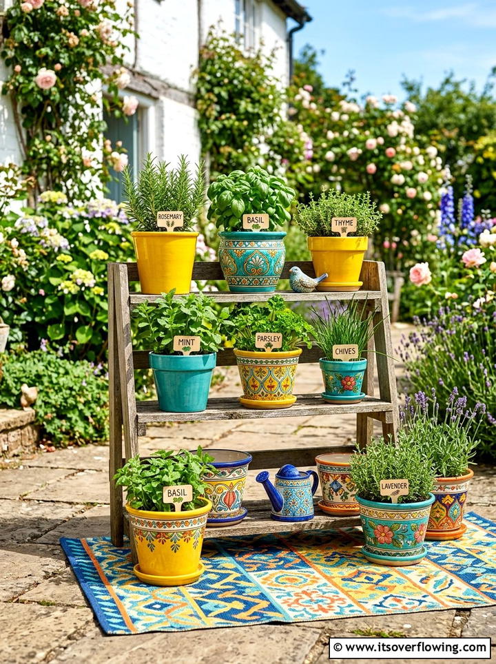 Colorful ceramic herb collection - 25 front porch ideas with herb planters