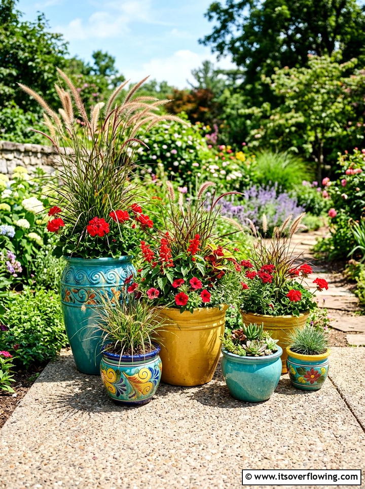Colorful ceramic pots - 25 garden decor ideas for small gardens