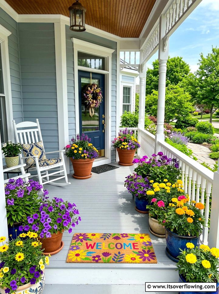 Colorful floral front porch - 25 front porch ideas with holiday doormat