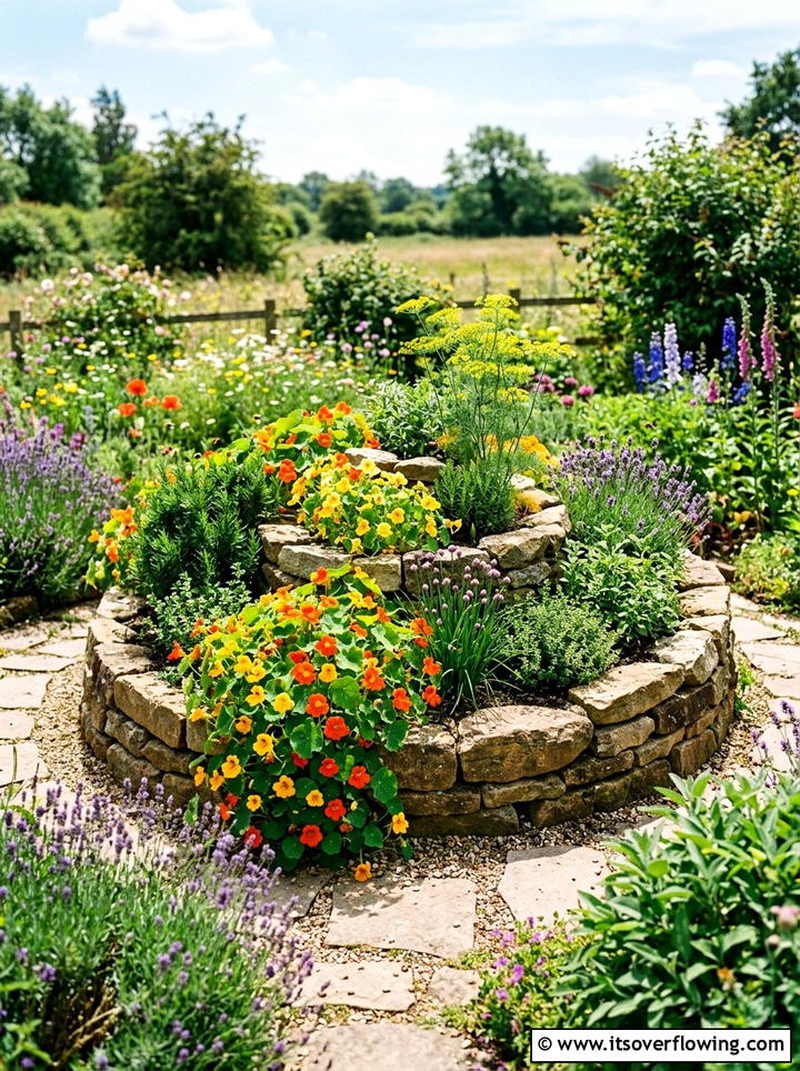 Colorful flower herb spiral - 25 garden ideas with herb spirals