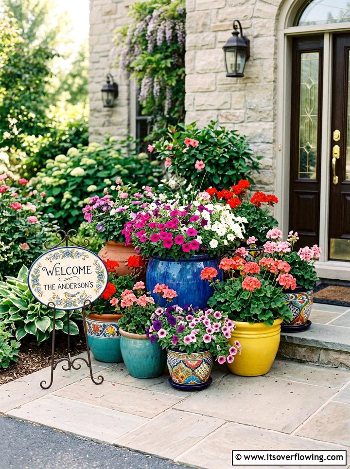 Colorful flower pot arrangement - 25 front porch decor ideas with personalized welcome sign