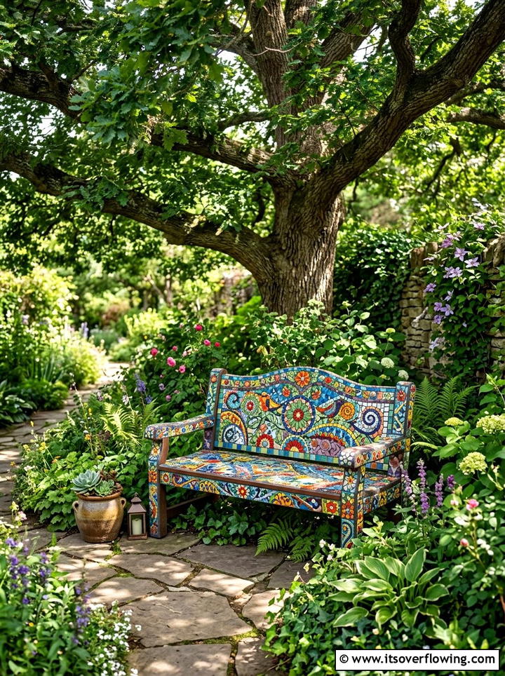 Colorful garden bench - 25 recycled garden ideas with leftover tiles
