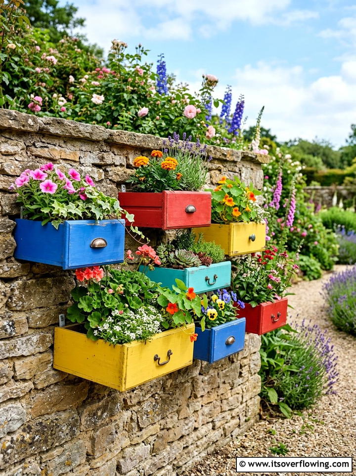 Colorful garden drawer boxes - 25 upcycled garden ideas with old dressers