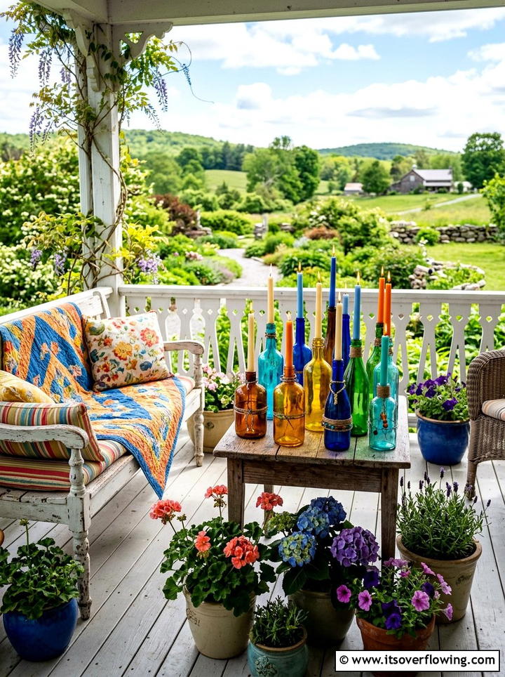 Colorful glass bottle candles - 25 front porch decor ideas with candle holders