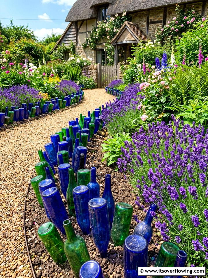 Colorful glass bottle edging - 25 recycled garden ideas with vertical bottle wall