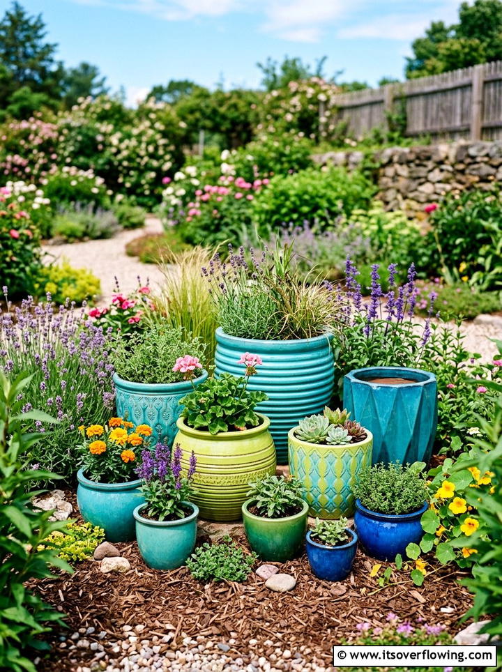 Colorful glazed ceramic pot - 25 garden design ideas with pot displays
