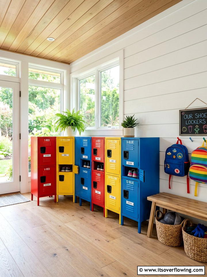 Colorful lockers for kids shoes - 25 front porch ideas with shoe storage