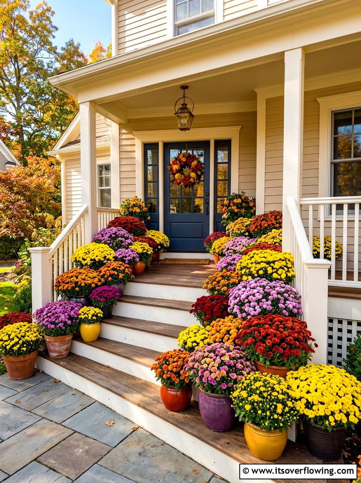 Colorful mum display - 25 front porch decor ideas for thanksgiving