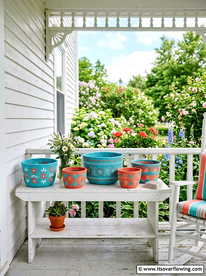 Colorful painted basket decor - 25 front porch decor ideas with baskets