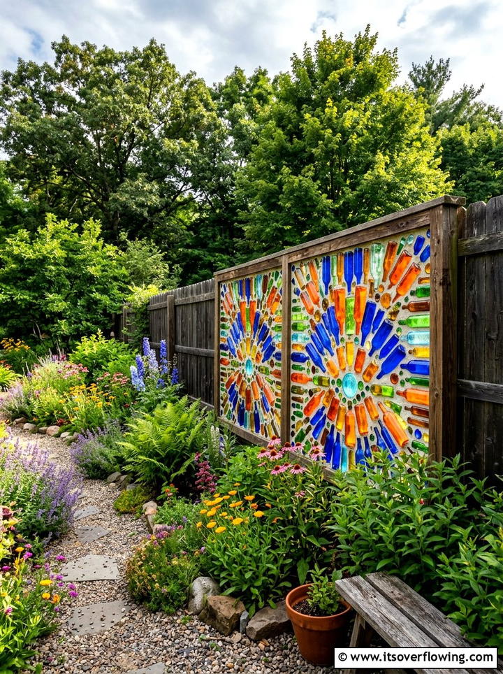 Colorful painted bottle wall - 25 creative garden ideas with hanging bottle planters